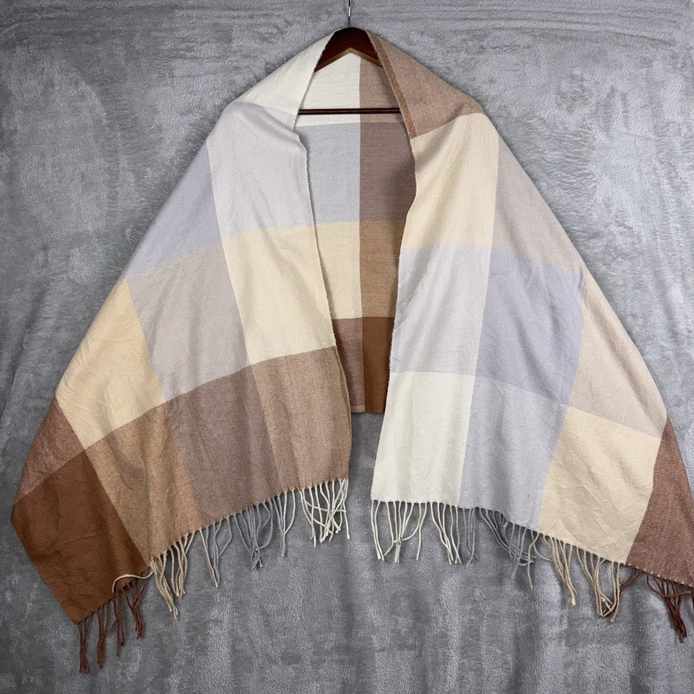Pashmina 100% Cashmere Multicolored Cream &‎ Brown Plaid Scarf
